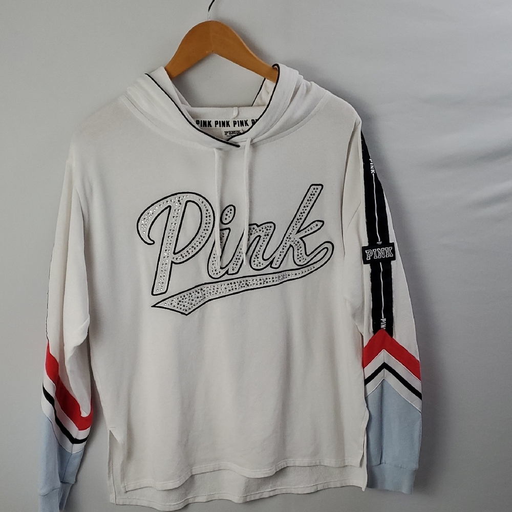 Victoria's Secret PINK Bling Campus Hoodie Sz M Longsleeve White Red Blue